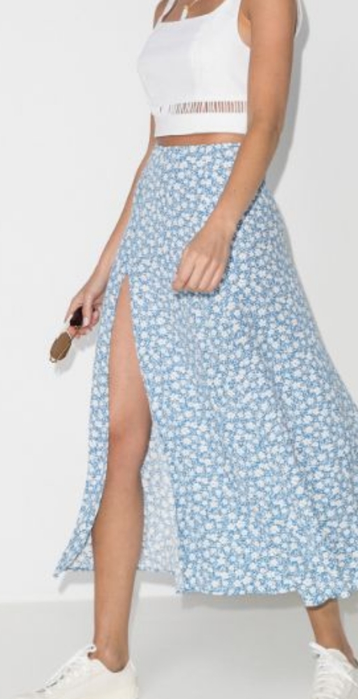 Reformation Light Blue Floral A-Line Maxi Skirt with Side Slit